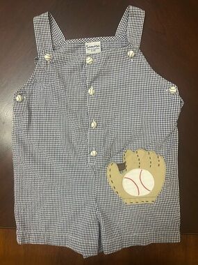 Samara Boys Baseball Gingham Romper Blue Checkered Sz 4T Snap Bottom